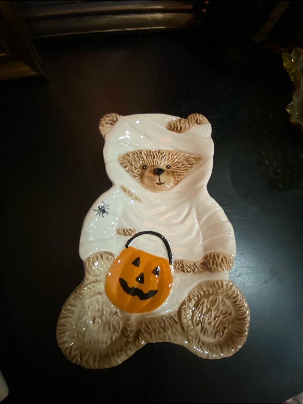 Halloween mummy teddy utensil plate with Pumpkin Bucket - White and Orange
